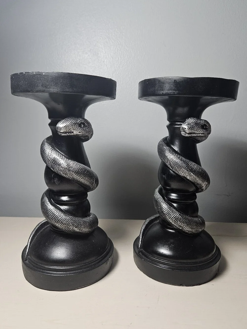 Gothic Black & Silver Snake Candlestick Holders - Set of 2 Coiled Serpent Decor
